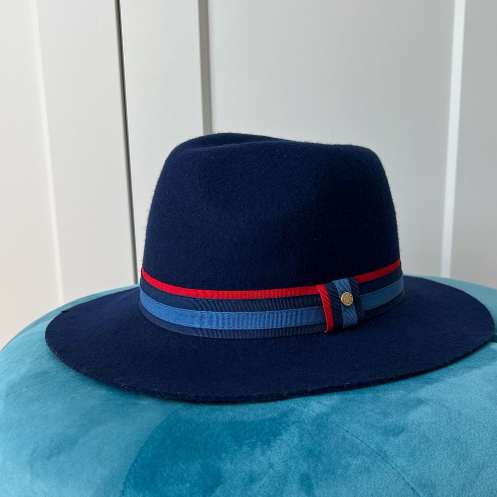 BCBG Navy Wide-Brim Fedora with Red and Light Blue Trim